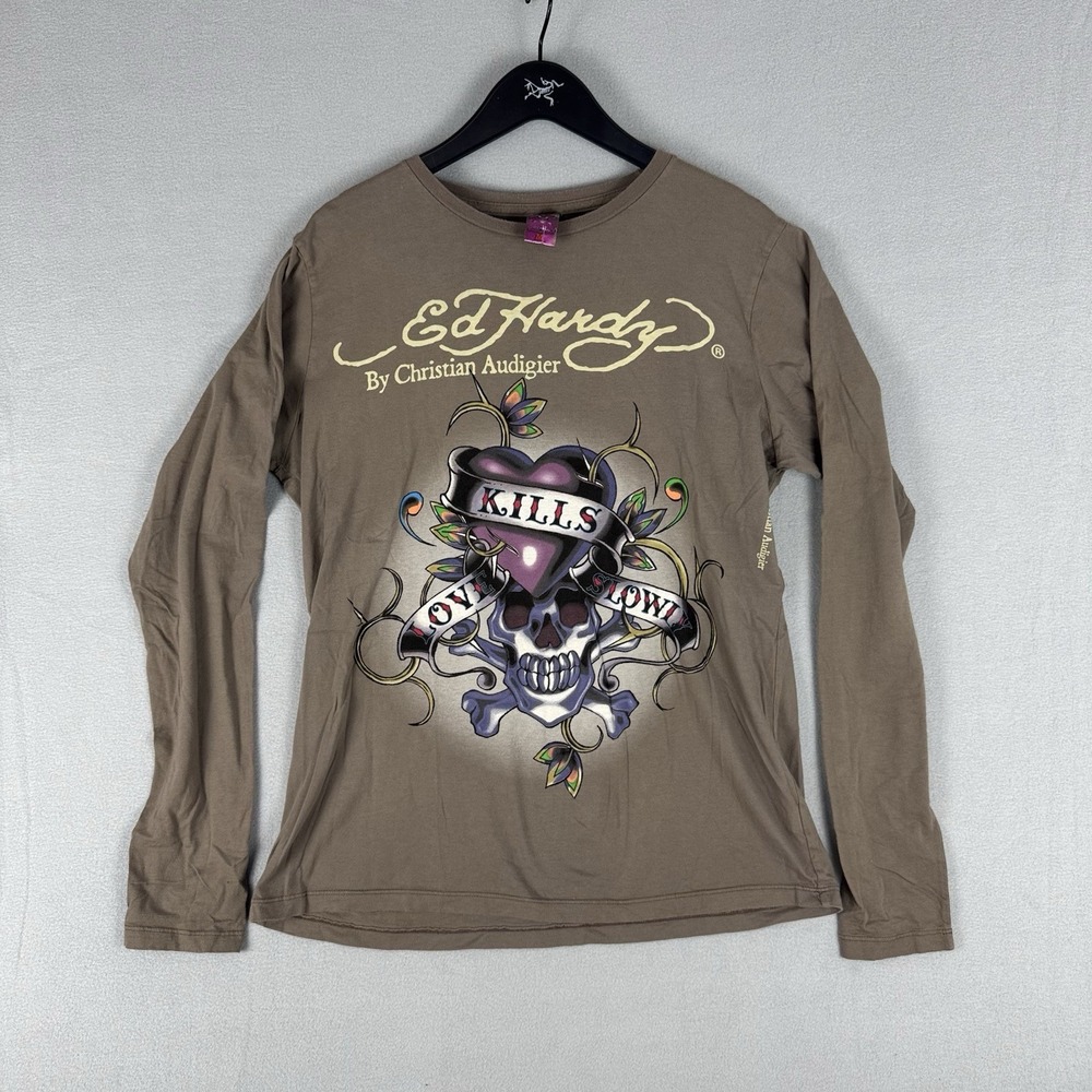 Vintage Ed Hardy Christian Audigier Long Sleeve Shirt Womens Medium USA Y2K Emo